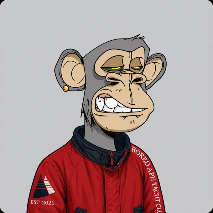A digital illustration of a Bored Ape Yacht Club NFT character wearing a red jacket with 'EST. 2021' patch and a gold earring.