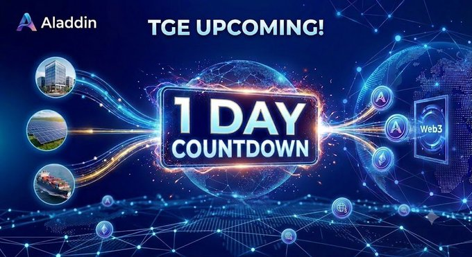 The image is a promotional graphic from Aladdin announcing their upcoming TGE (Token Generation Event) with a "1 DAY COUNTDOWN" highlighted in the center, featuring imagery of real-world assets (buildings, solar panels, shipping), blockchain/Web3 elements, and the Aladdin logo. It visually reinforces the post's message by showcasing tangible, real-world assets being tokenized—directly countering the "hollow-shell RWAs" criticism and signaling Aladdin's imminent market entry as a substantive, business-backed project rather than a mere narrative.