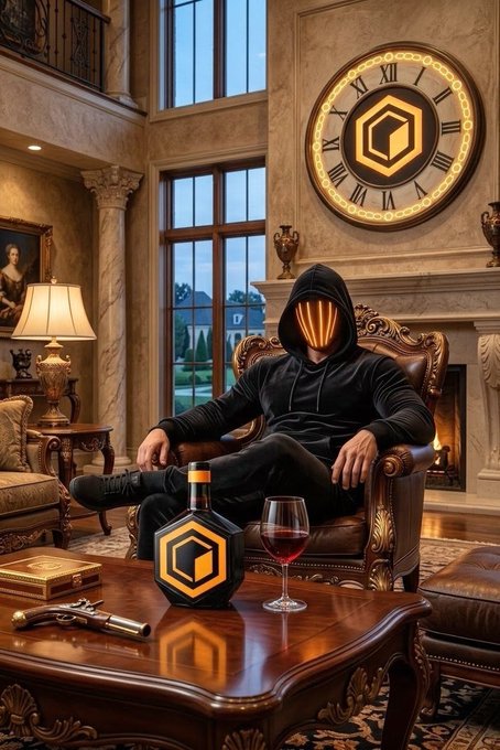 A hooded figure wearing a glowing orange geometric mask sits in an ornate chair in a luxurious room, with a bottle and glass featuring the hexagonal logo on a wooden table in the foreground.