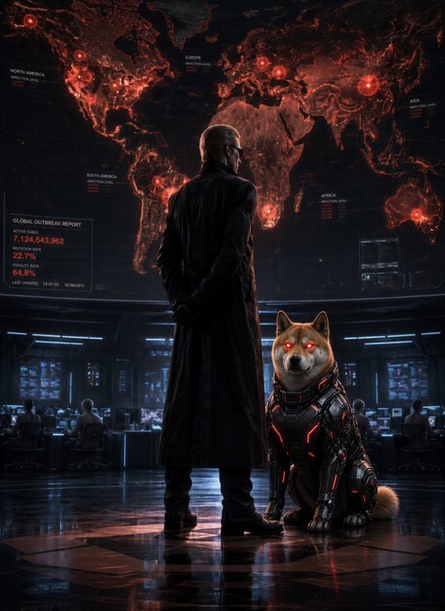 A sci-fi style image showing a bald man in a long dark coat standing next to a Shiba Inu dog wearing mechanical armor with glowing red eyes, in front of a holographic red world map displaying global outbreak statistics.