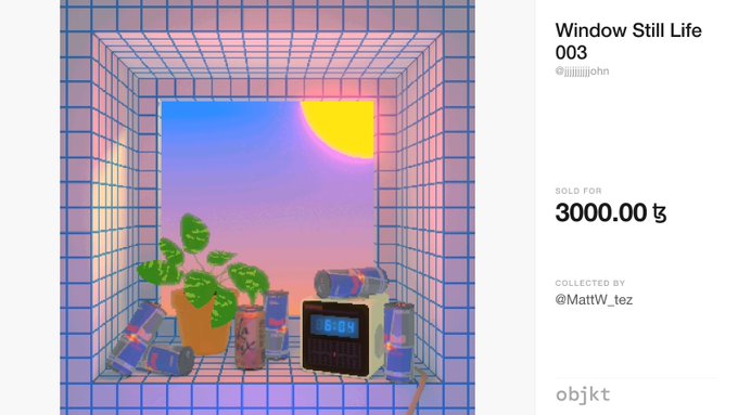 A 3D digital art listing titled 'Window Still Life 003' by jiiiiijohn shows a sunlit window scene with a plant and cans, sold for 3000.00 ꜩ on the objkt marketplace.