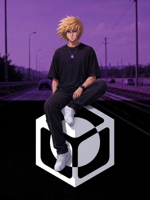 An anime-style drawing features a blonde-haired young man in a black t-shirt and pants sitting on a white geometric block against a purple sunset backdrop.
