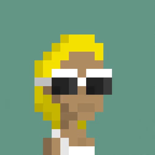 A pixel art portrait of a character with long yellow hair and dark sunglasses set against a solid teal background.