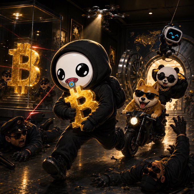 The image features a group of people dressed up as characters from a video game, with one person wearing a black hoodie that has a large Bitcoin symbol on it. The others are also dressed up in costumes related to the game's theme. They appear to be running or engaged in some sort of action within an underground setting. The post includes text that reads "Gm @grok and replies guys".