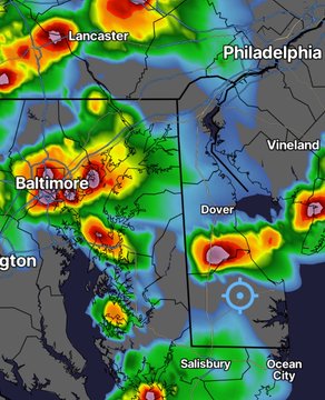 This radar imagery shows intense thunderstorms and heavy rainfall over the Mid-Atlantic region, including Baltimore and Philadelphia, which directly relates to the "dewx" (likely referring to dew point and weather phenomena) and "wxtwitter" hashtags. The phrase "You silly dawg" might be a lighthearted reaction to the severity of the depicted weather event.