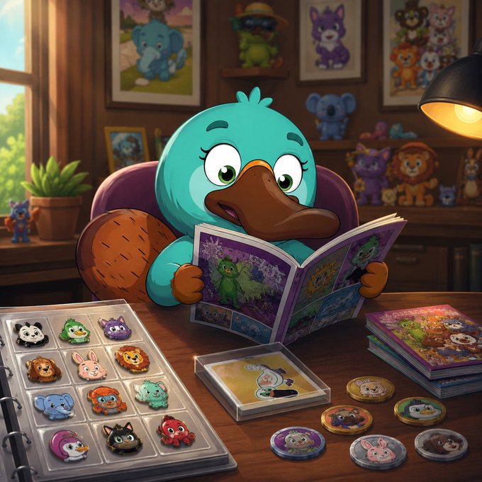 A cartoon teal platypus character sits at a wooden desk reading a sticker book, surrounded by collectible stickers, a binder of animal character stickers, and framed pictures of cartoon animals on the wall behind.