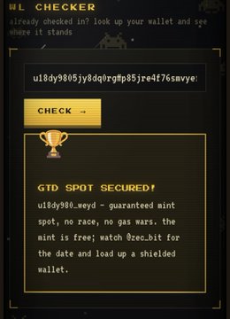 The image shows a "UL CHECKER" tool interface with a wallet address input field, a yellow "CHECK →" button, and confirmation text reading "GTD SPOT SECURED! u18dy80y_weyd - guaranteed mint spot, no race, no gas wars." The post discusses $ZEC funding methods for ZECBIT mint eligibility, and the image appears to demonstrate a wallet checker used to verify if a specific wallet qualifies for the guaranteed mint spot without gas fees.