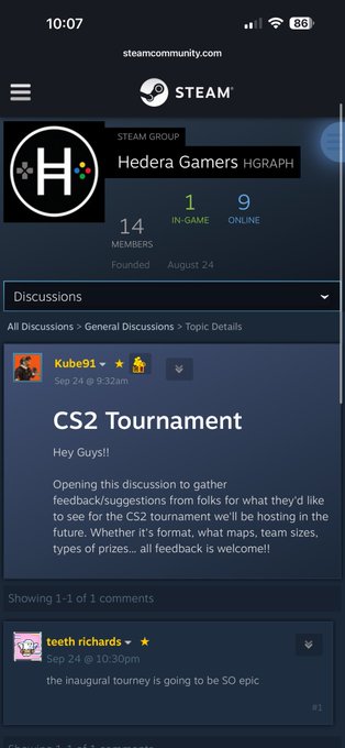 A Steam Community page for the Hedera Gamers group showing a discussion titled "CS2 Tournament" by user Kube91 with a comment from teeth richards about an upcoming tournament.