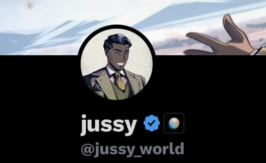 The image shows a profile header for "jussy" (@jussy_world) featuring an anime-style avatar of a smiling man in a suit, with a checkmark and bee emoji badge. This appears to be a post from the user sharing their participation in a "Avengers of Solana" collection, showcasing one of 10 badges they've earned, with Worldcoin (@world_xyz) as a guess for the badge's identity.