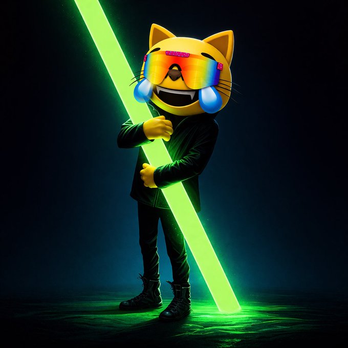 A 3D-rendered cartoon cat character wearing rainbow visor sunglasses holds a glowing green lightsaber, with a digitally altered laughing face and tears in its eyes, standing against a dark background.