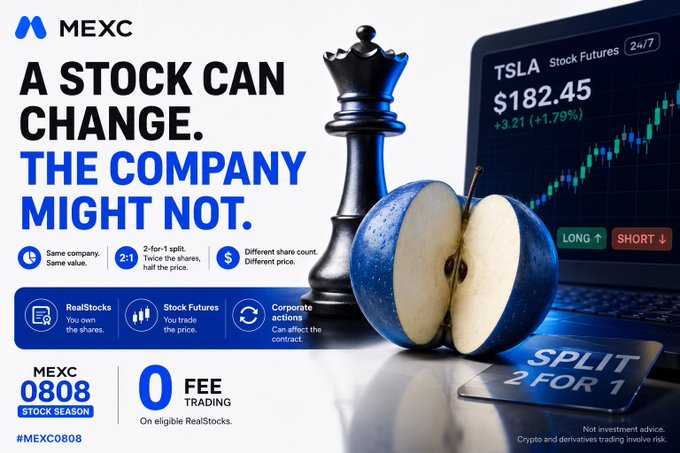 A promotional advertisement for MEXC stock season features text 'A STOCK CAN CHANGE. THE COMPANY MIGHT NOT.' and displays a chess king piece, a halved blue apple, and a screen showing TSLA stock futures at $182.45, with a 'SPLIT 2 FOR 1' sign.