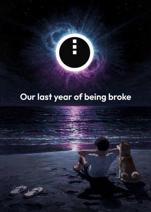An illustration of a boy and a Shiba Inu sitting on a beach at night, watching a glowing moon that contains the X logo, with the text 'Our last year of being broke'.