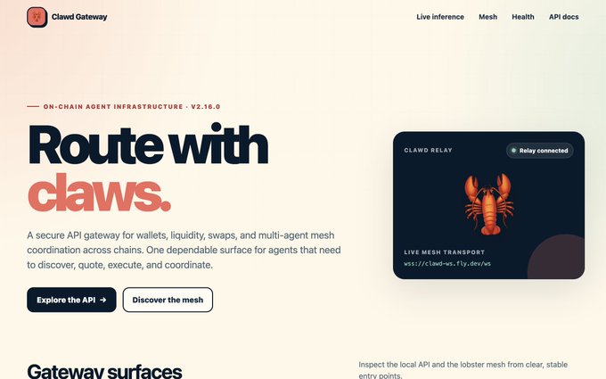 A website landing page for "Clawd Gateway" with the headline "Route with claws" and a description of a secure API gateway for multi-agent mesh coordination across chains.