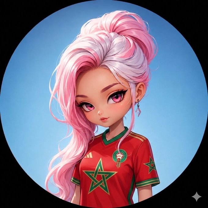 An anime-style digital illustration depicts a stylized girl with large pink eyes and a voluminous pink-and-white updo hairstyle, wearing a red Morocco national football team jersey with a green star emblem.