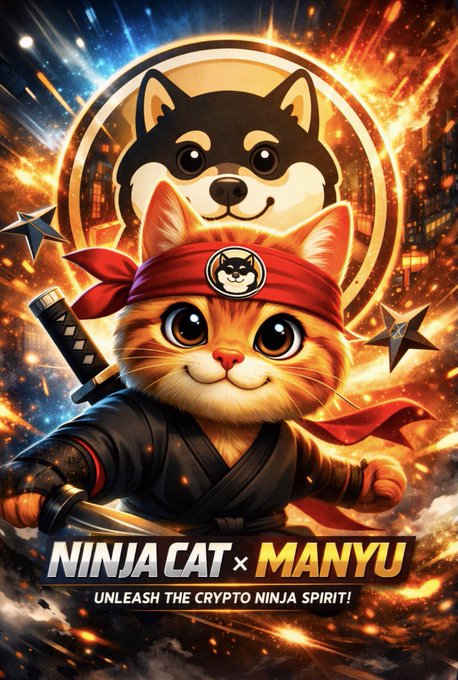 Vibrant promotional poster titled "NINJA CAT × MANYU" with the tagline "UNLEASH THE CRYPTO NINJA SPIRIT!", featuring a cartoon orange cat ninja with a sword and a black Shiba Inu mascot above it.
