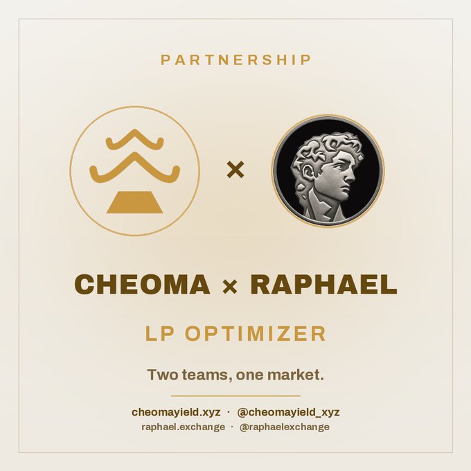 A promotional graphic announcing a partnership between CHEOMA and RAPHAEL, labeled 'LP OPTIMIZER', with the tagline 'Two teams, one market' and links to cheomayield.xyz and raphael.exchange.