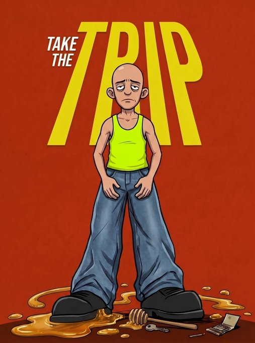 An illustration features a bald cartoon man in a yellow tank top and baggy jeans with the text 'TAKE THE TRIP' behind him, standing amid spilled honey, a honey dipper, and scattered keys.