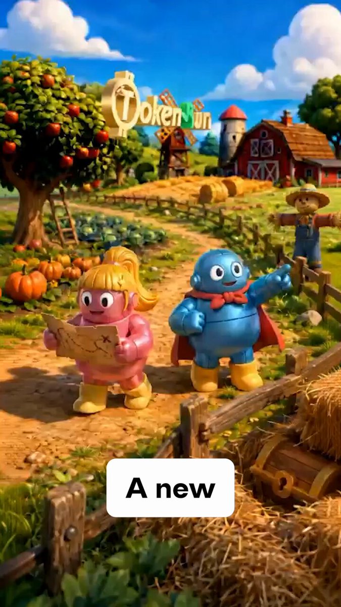 The image features a cartoon scene of two characters, one pink and one blue, walking down a path surrounded by hay bales and trees. The text "A new" is written above them, suggesting that there might be a new challenge or game related to the cartoon characters in the picture.