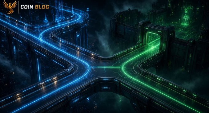 A dark cyberpunk-style banner labeled 'COIN BLOG' featuring glowing blue and green light trails winding along elevated futuristic highways through a foggy nighttime cityscape.