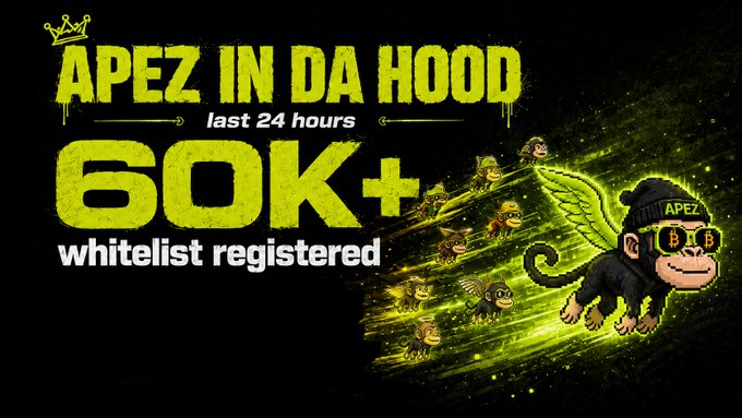 A promotional graphic for "APEZ IN DA HOOD" featuring a green-winged ape character wearing an "APEZ" beanie and glasses, announcing that over 60K+ whitelist spots have been registered in the last 24 hours, alongside a trail of smaller ape figures flying across a glowing green background. The bold text and hype-building visuals align with the post's message about the mint's growing momentum and anticipation within the Ordinals/Robinhood crossover space.