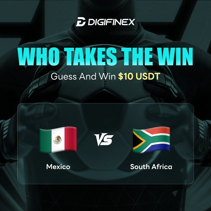 The image features a soccer player wearing a black shirt with a graphic of a soccer ball, along with two flags - one representing Mexico and another representing South Africa. The text above the image reads "Who takes the win? vs How to join: Follow @DigiFinex Like + RT + Tag 1 fren Drop your prediction 1 lucky winner will receive 10 $USDT". This post is promoting a guessing game where people predict which team will win, and if they are correct, they can win money.!
