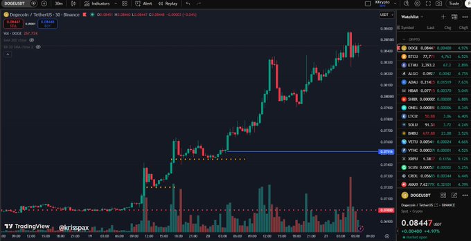 A TradingView chart of Dogecoin/USDT shows DOGE trading at $0.08447 with a 4.57% gain, confirming the post's claim of Day 3 of the crypto rally and a recent price above $0.085, alongside a watchlist highlighting gains across major coins like BTC (+4.75%), ETH (+6.52%), and SOL (+8.38%).