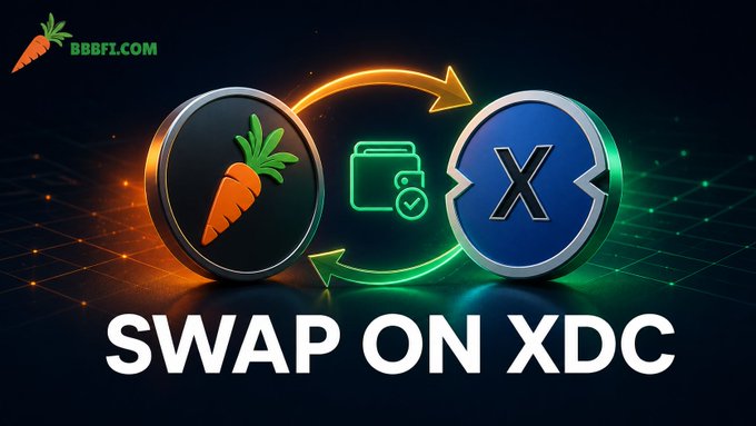 A promotional graphic showing a token swap between a carrot-themed coin and XDC, with 'BBBFI.COM' in the corner and 'SWAP ON XDC' as the main text.