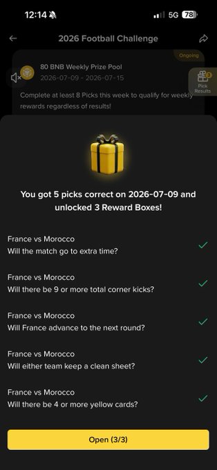 A mobile screen displays the '2026 Football Challenge' with a BNB Weekly Prize Pool of 80 BNB, showing 5 correct picks for the France vs Morocco match on 2026-07-09 and an 'Open (3/3)' reward box button.