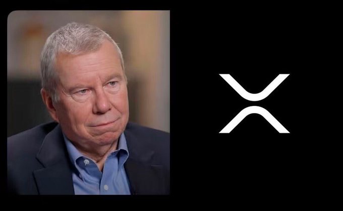 A split image showing a portrait of an older man with gray hair on the left and the XRP cryptocurrency logo in white on a black background on the right.