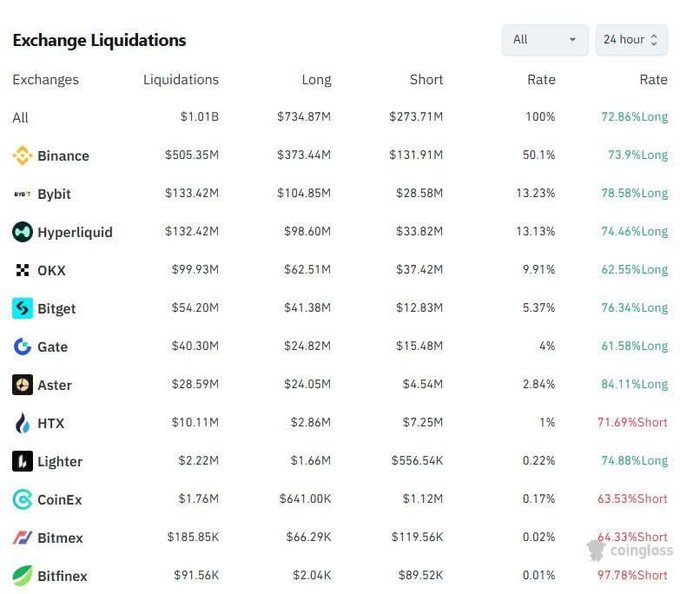 A data table from Coinglass titled "Exchange Liquidations" over 24 hours, showing $1.01B total liquidations across exchanges, with Binance leading at $505.35M and a 72.86% Long rate overall.