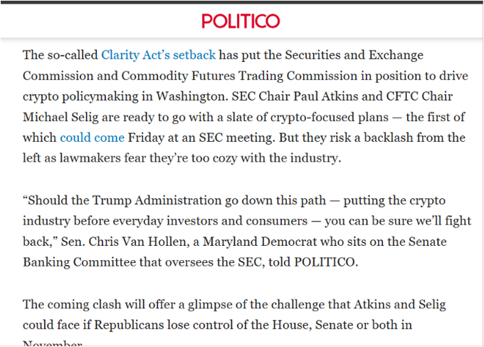 A screenshot of a Politico article reports that the setback of the Clarity Act has placed the SEC and CFTC in position to drive crypto policymaking, with SEC Chair Paul Atkins and CFTC Chair Michael Selig set to unveil crypto-focused plans at an upcoming SEC meeting. The piece also features Sen. Chris Van Hollen's warning of a Democratic pushback over concerns the Trump Administration is prioritizing the crypto industry over everyday investors. This aligns with the post's claim that Atkins and Selig are advancing market structure regulation independently of the stalled CLARITY Act.