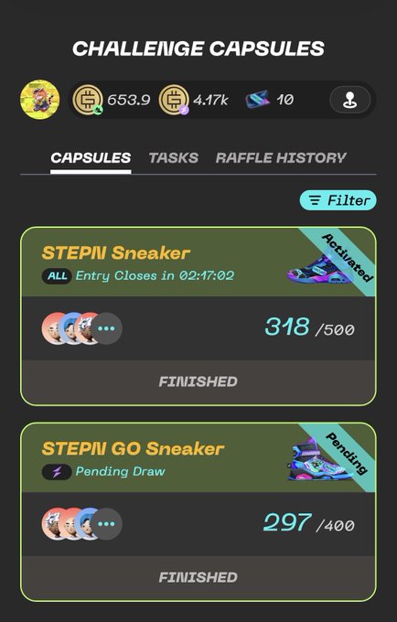 The image shows a phone screen displaying two lists of sneakers, one for Stepn Go Sneakers and another for Stepin Go Sneaker. The screensaver also includes information about the challenges that users can participate in or the items they have completed.