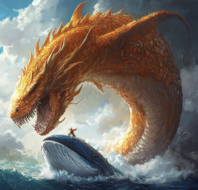 A colossal orange dragon looms over a tiny warrior standing atop a breaching whale, evoking a mythical clash of titans—mirroring Bitcoin's ($BTC) epic battle between overwhelming forces and resilient holders navigating the volatile crypto seas.