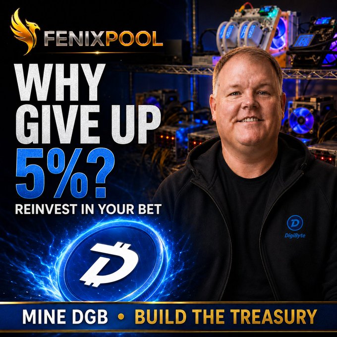A promotional graphic for 'FENIXPOOL' features a smiling man in a black DigiByte hoodie, with large text asking 'WHY GIVE UP 5%? REINVEST IN YOUR BET' and a DigiByte (D) coin graphic.