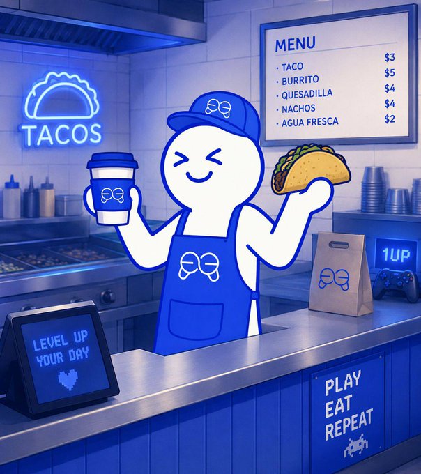 A pixel-art style illustration of a mascot in a blue apron serving a taco and coffee at a gaming-themed taco stand with a menu and neon 'TACOS' sign.