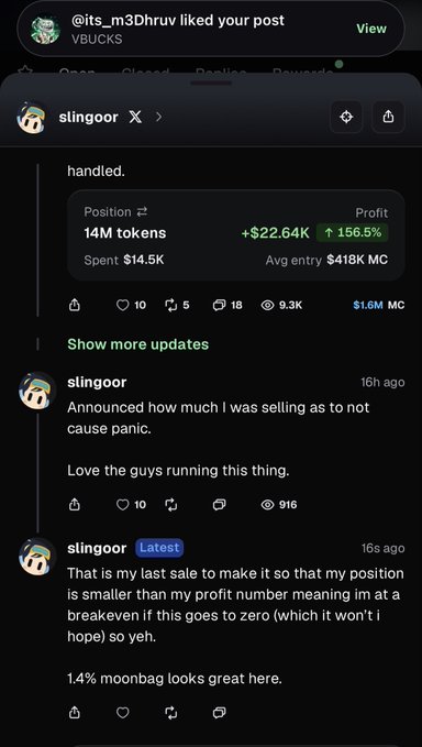 A social media post from user 'slingoor' on what appears to be a crypto trading platform, showing a profitable position of 14M tokens with +$22.64K profit (156.5%) and comments about a 'moonbag'.