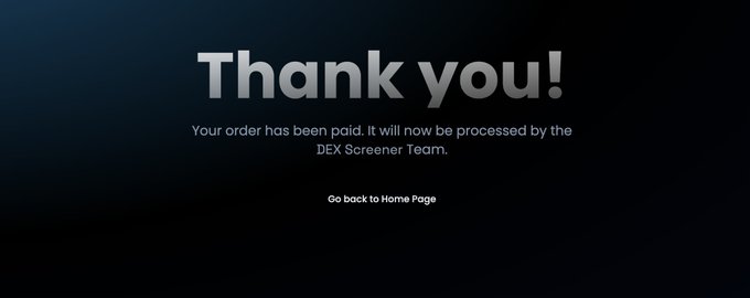 A confirmation screen displays 'Thank you!' with the message 'Your order has been paid. It will now be processed by the DEX Screener Team.' and a 'Go back to Home Page' link.