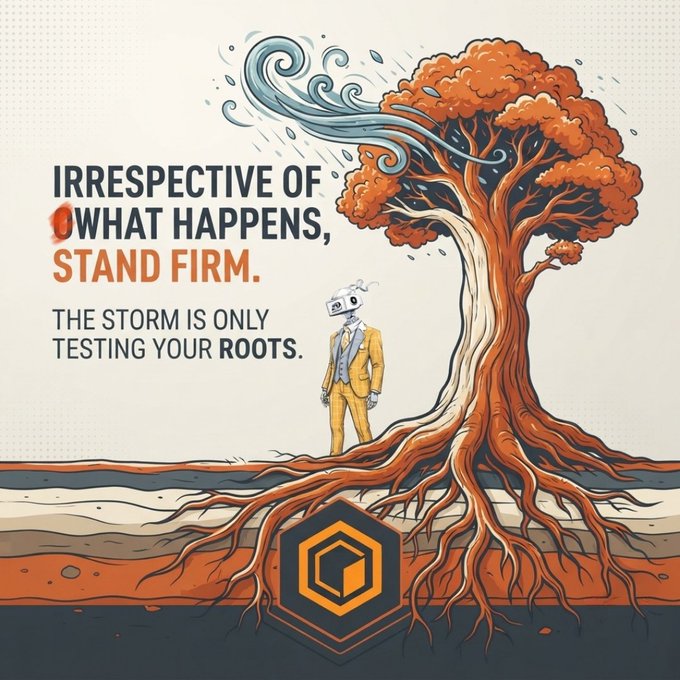 An inspirational illustration of a suited figure with a VR headset standing beside a large tree with deep roots, with the text 'IRRESPECTIVE OF WHAT HAPPENS, STAND FIRM. THE STORM IS ONLY TESTING YOUR ROOTS.'