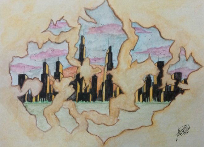 A watercolor and ink drawing depicting a city skyline silhouette viewed through torn, jagged openings against a colorful sky.