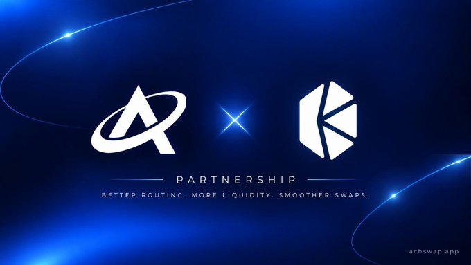 A sleek, dark blue promotional graphic announces a partnership between AchSwap and KyberSwap, featuring both logos centered with a glowing "x" between them, and the text "PARTNERSHIP — BETTER ROUTING. MORE LIQUIDITY. SMOOTHER SWAPS." alongside the website "achswap.app," visually reinforcing the announcement of AchSwap's integration into KyberSwap's DEX routing infrastructure on Arc Mainnet.