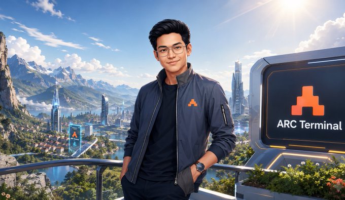 A young man with glasses wearing a black ARC Terminal branded jacket stands on a balcony overlooking a futuristic city with mountains in the background, next to a sign displaying the ARC Terminal logo.
