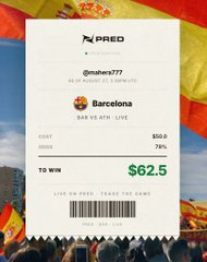 A betting ticket from PRED showing a wager of $50.00 on 'Barcelona' to win at odds of 1.25, marked with Spanish flag colors.