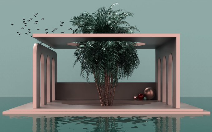 The image features a large palm tree with a small ball resting at its base, surrounded by arches that create an archway-like structure over water. The scene appears to be set in a pool or pond area, as there are birds flying around above the water. The image is accompanied by a caption that reads "GM Fam ▪︎Palm ▪︎16 Editions ▪︎8 $XTZ #ProofofPalm #ProofofPalm2026 Link".