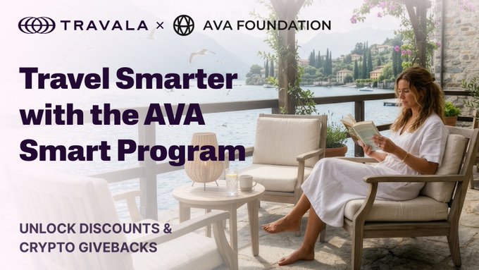 A woman relaxes in a white dress on a patio chair reading a book beside a serene lake, with overlaid text promoting the "TRAVALA x AVA FOUNDATION" partnership and the "AVA Smart Program," highlighting offers of "UP TO 5% DIRECT DISCOUNTS & UP TO 10% CRYPTO GIVEBACKS." The image visually reinforces the travel program's promise of leisurely, rewarding getaways by depicting a tranquil destination experience.
