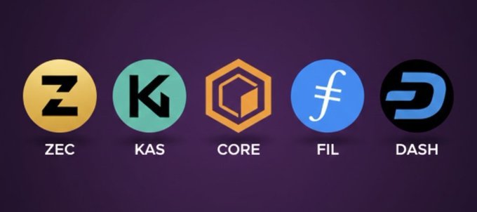 The image displays five cryptocurrency logos with their tickers—ZEC (Zcash), KAS (Kaspa), CORE, FIL (Filecoin), and DASH—arranged horizontally on a dark purple background, likely presented as investment options for a hypothetical $10,000 portfolio decision.