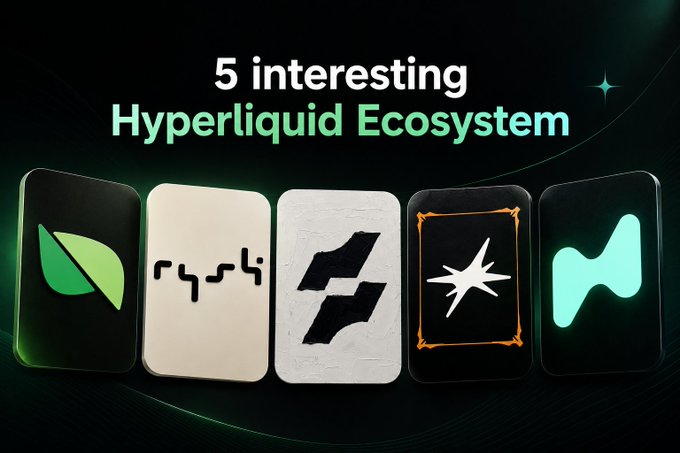 A promotional graphic titled '5 interesting Hyperliquid Ecosystem' displaying five stylized tile/card logos of various projects against a black background with green accent lighting and a small star icon.