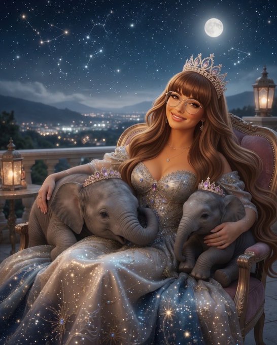 The image features a woman sitting in a chair, wearing a tiara and holding two baby elephants. The background of the image shows a night sky with stars, creating an enchanting atmosphere. The caption for this image reads "Each holder / person in my SBE community is SEEN and appreciated! I try my best to reply on every single comment on my posts and i take their ideas in to considerations!".