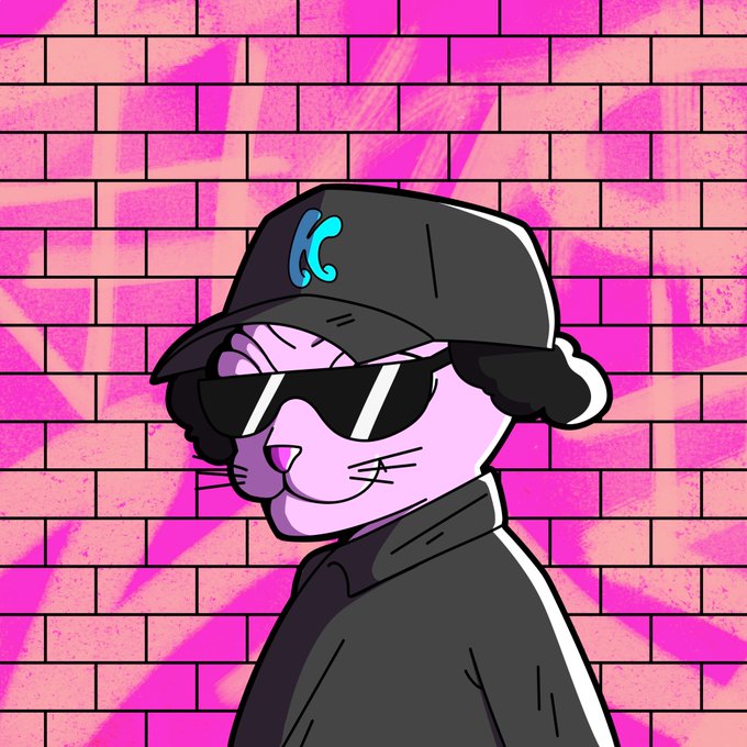 A cartoon character with purple skin, wearing black sunglasses and a black cap with a blue 'C' logo, smiles against a bright pink brick wall background.