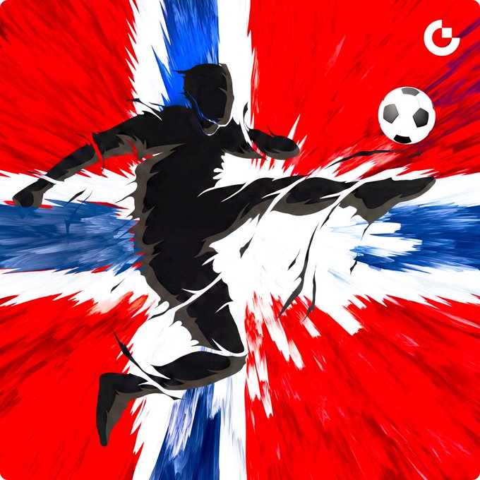 A silhouette of a soccer player executing a bicycle kick against a dramatic red, white, and blue Norwegian flag background, with a "G" Gate.io logo in the upper right corner, tying into the post's announcement of Norway's World Cup victory and upcoming match predictions.