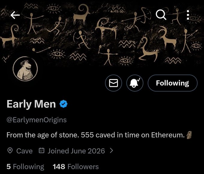 A Twitter profile for "Early Men" (@EarlymenOrigins) featuring cave art-style imagery of hunters and animals, with a bio stating "From the age of stone. 555 caved in time on Ethereum," and showing 148 followers. The profile belongs to the 555 Supply collection on Ethereum, blending prehistoric aesthetics with Web3 culture.